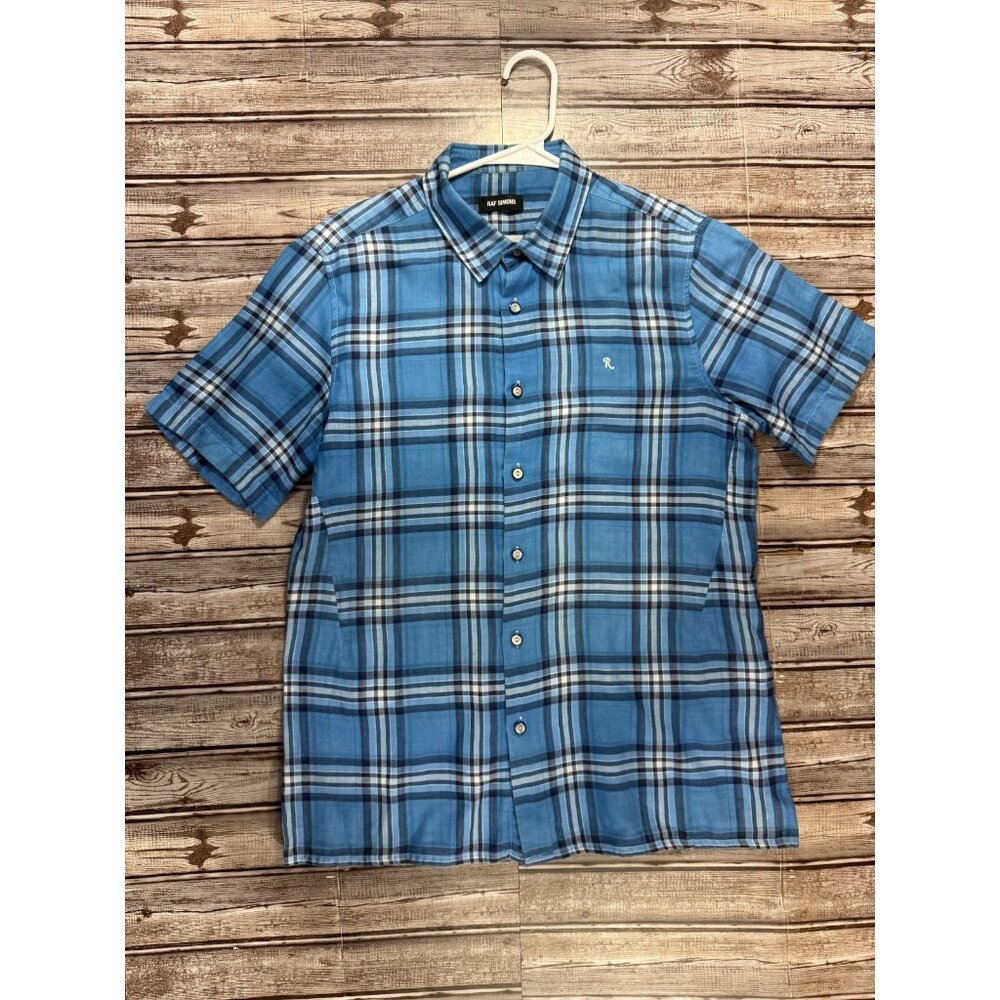 RAF SIMONS Short sleeve button down plaid shirt size 50 color blue multi